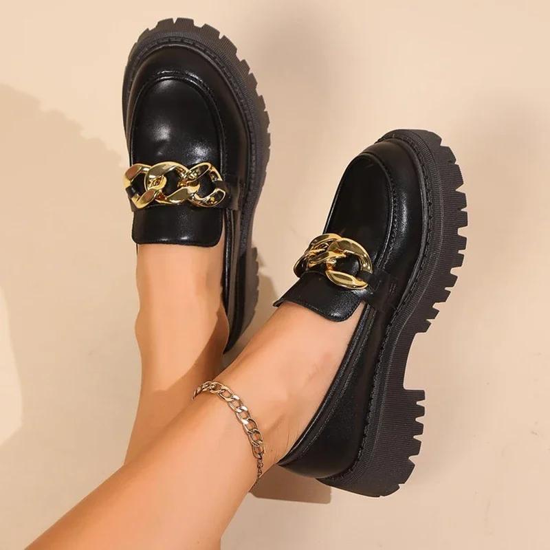 

Туфли с круглым носком и черной металлической цепочкой для женщин, средний каблук, неглубокий носок, одинарные туфли для женщин, офисная обувь, удобные туфли-лодочки Mujer 35