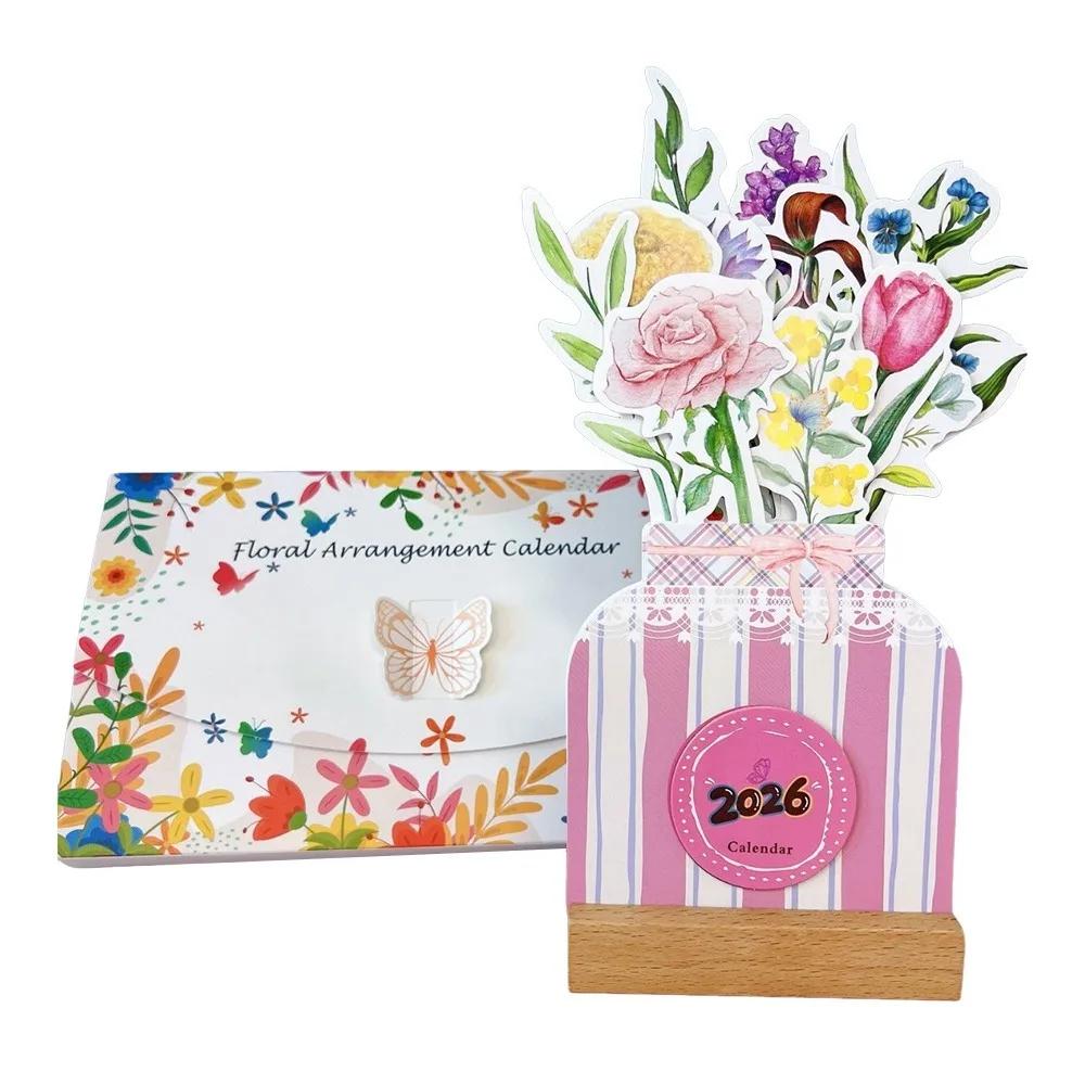 

Wooden Base 2026 Desktop Calendar Detachable Base Floral Theme Monthly Planner DIY Date Display Bloomy Flowers Desk Calendar