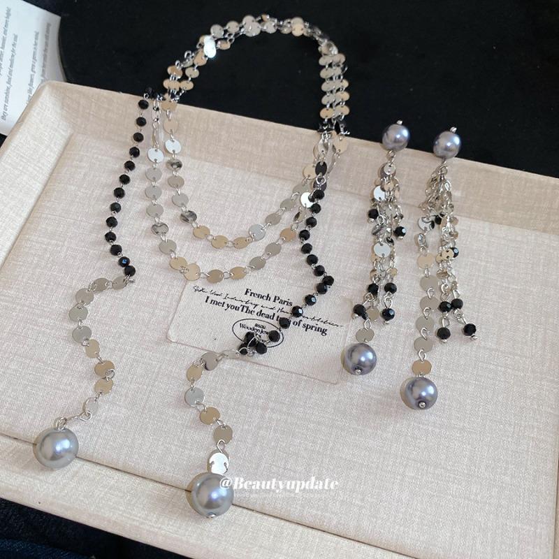 Crystal Beaded Sequins Pearl Necklace Earrings Retro Temperament Niche Light Luxury Jewelry Premium Jewelry Set Women