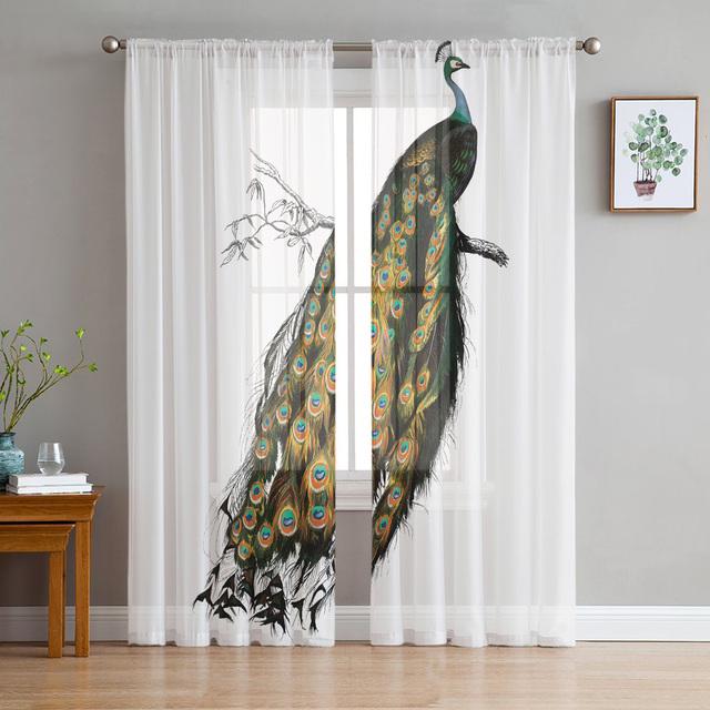 Peacock Feathers Green Curtain Window Tulle For Living Room Bedroom Kitchen Chiffon Sheer Window Treatment Decorations
