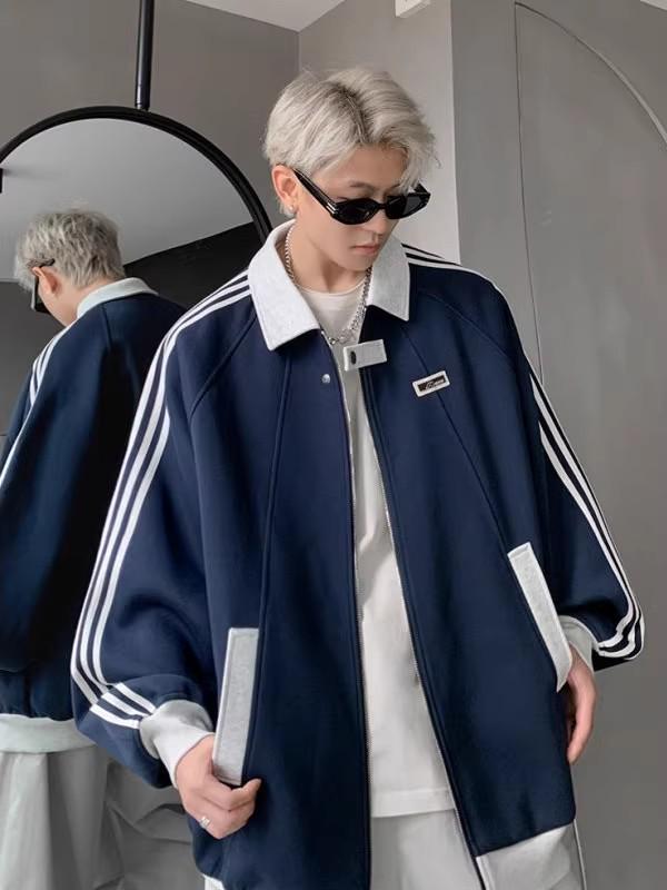 Men's Trendy American Patchwork Hoodie: Autumn College Style Striped Baseball Jacket