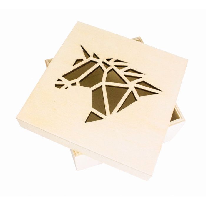 Boîte en bois - Découpe origami - Licorne - 11,3 x 11,3 x 5 cm - Beige - Enfant Fille