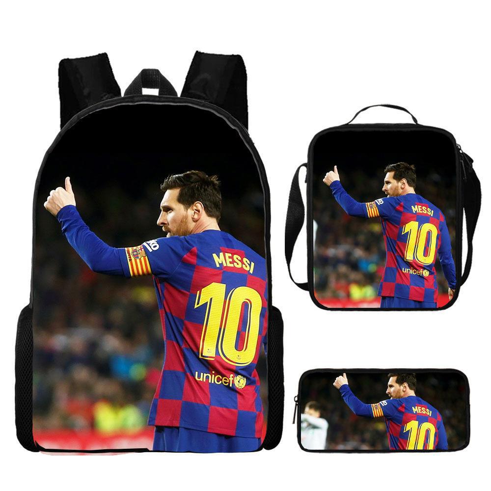 Sac à dos scolaire imprimé Messi pour étudiant Sac à dos Satchel C Luo pour Neymar Ensemble trois pièces