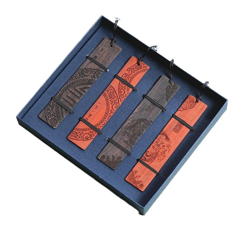 Chinese Style Wood Bookmark Gift Box Set Retro Sandalwood Carving Book Mark School Commemorative Party Best Gift for Book Lover