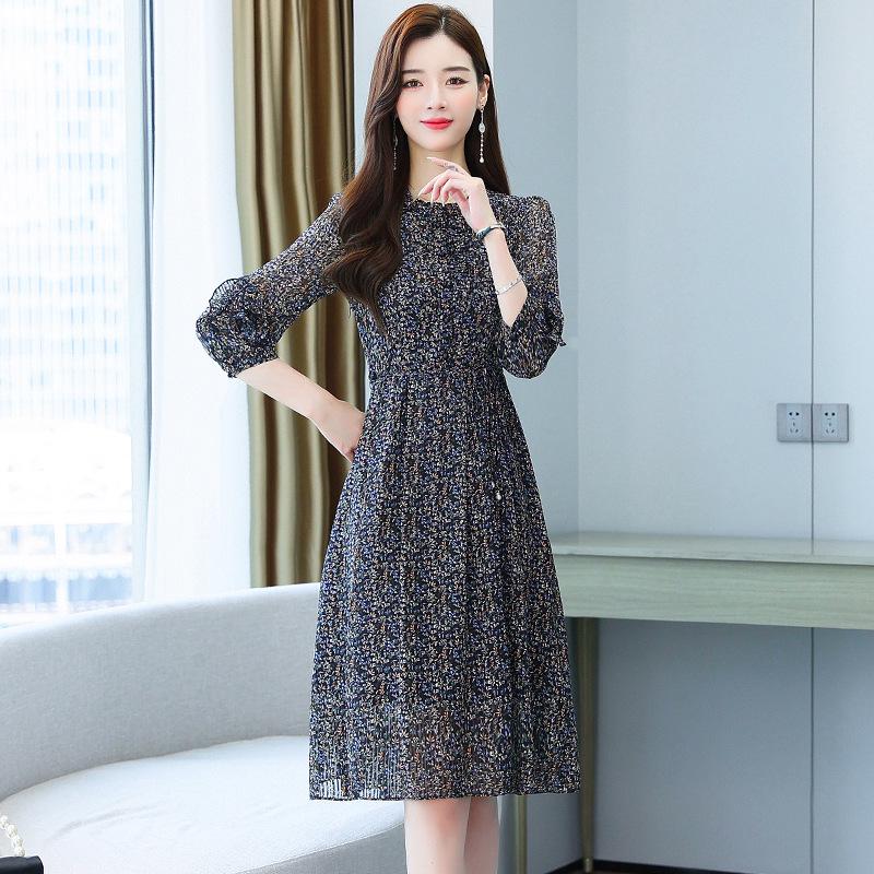 New Autumn Slim Floral Chiffon Dress for Women - Fashionable & Elegant Mid-Length Style