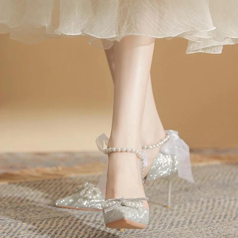 Women's High Heel Sandals 2025 Spring/Summer New Style Pointed Bow Pearl Fine Heel Shoes French Crystal Wedding Shoes