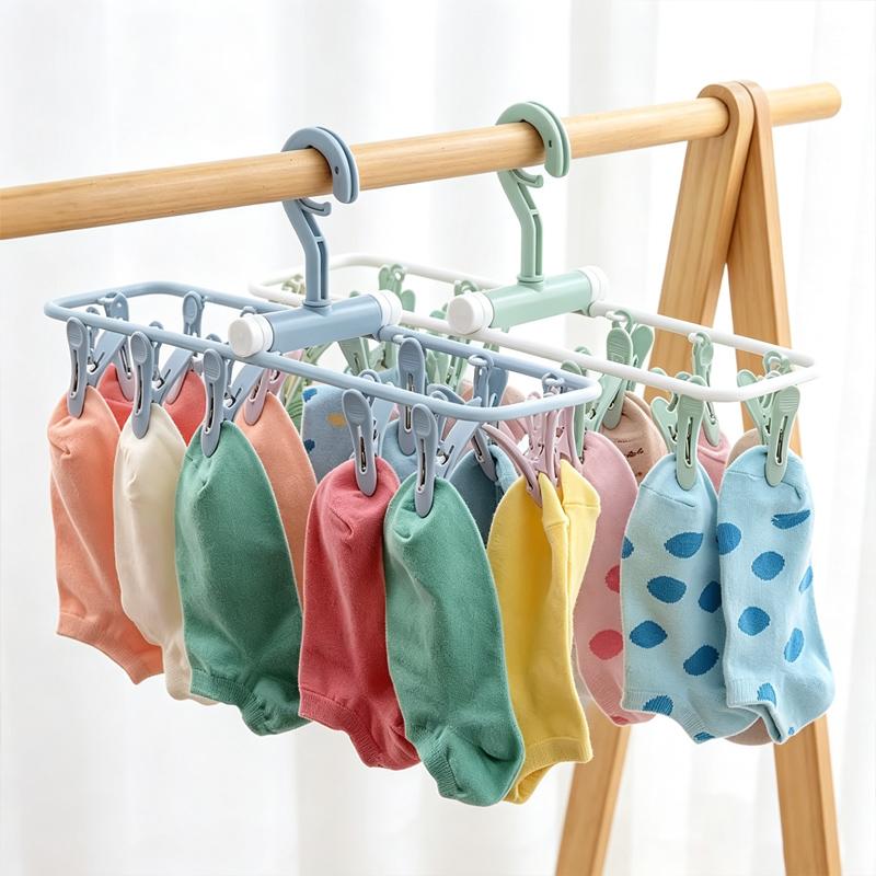 1PC Folding Sock Clip Hanger 12 Jacket Rack Foldable Portable Drying Rack Home Underwear Socks Bedroom Storage