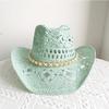 Melesh Western Cowboy Hat Summer Women's Straw Cowboy Hat Pearl Accessories Wide Brim Sun Protection Beach Western Cowboy Hat