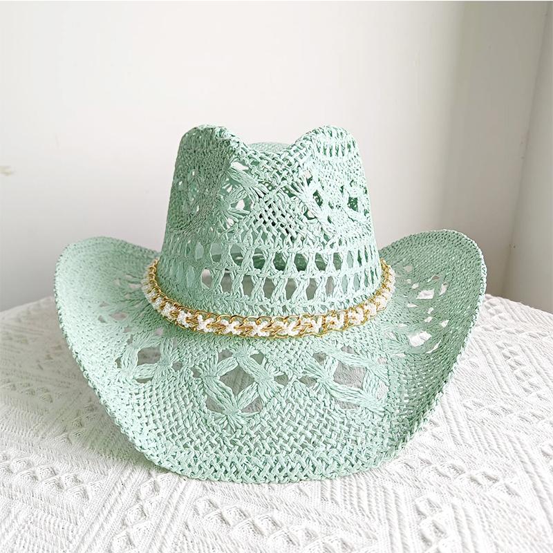 Melesh Western Cowboy Hat Summer Women's Straw Cowboy Hat Pearl Accessories Wide Brim Sun Protection Beach Western Cowboy Hat