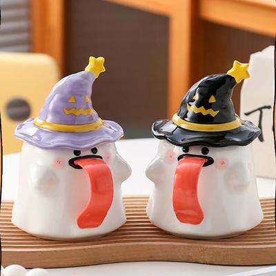 Halloween Keramik-Kaffeetasse mit Deckel Niedliche Imp-Geist-Tasse Europäische Nachmittag Kamelienblüten-Teetasse Frühstücksmilchtasse Geschenke Neu