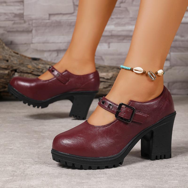 Fashion Temperament High-heeled Single Shoes Autumn New Round Toe Shallow Rivet One-line with Platform Non-slip Block Heel Shoes