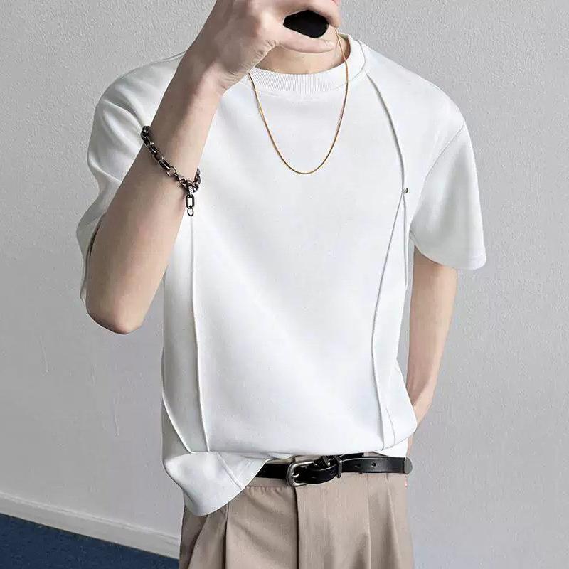 Men Crew Neck Short Sleeve Stitching Design Casual Loose Plain T Shirt Tops