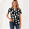 Women V Neck Short Sleeve Button Decor Top with Halloween Print Casual Loose Fit T Shirt for Daily Wear