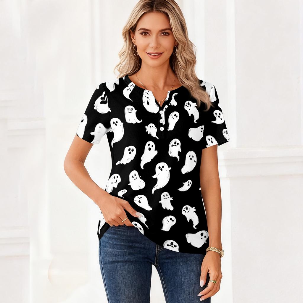 Women V Neck Short Sleeve Button Decor Top with Halloween Print Casual Loose Fit T Shirt for Daily Wear