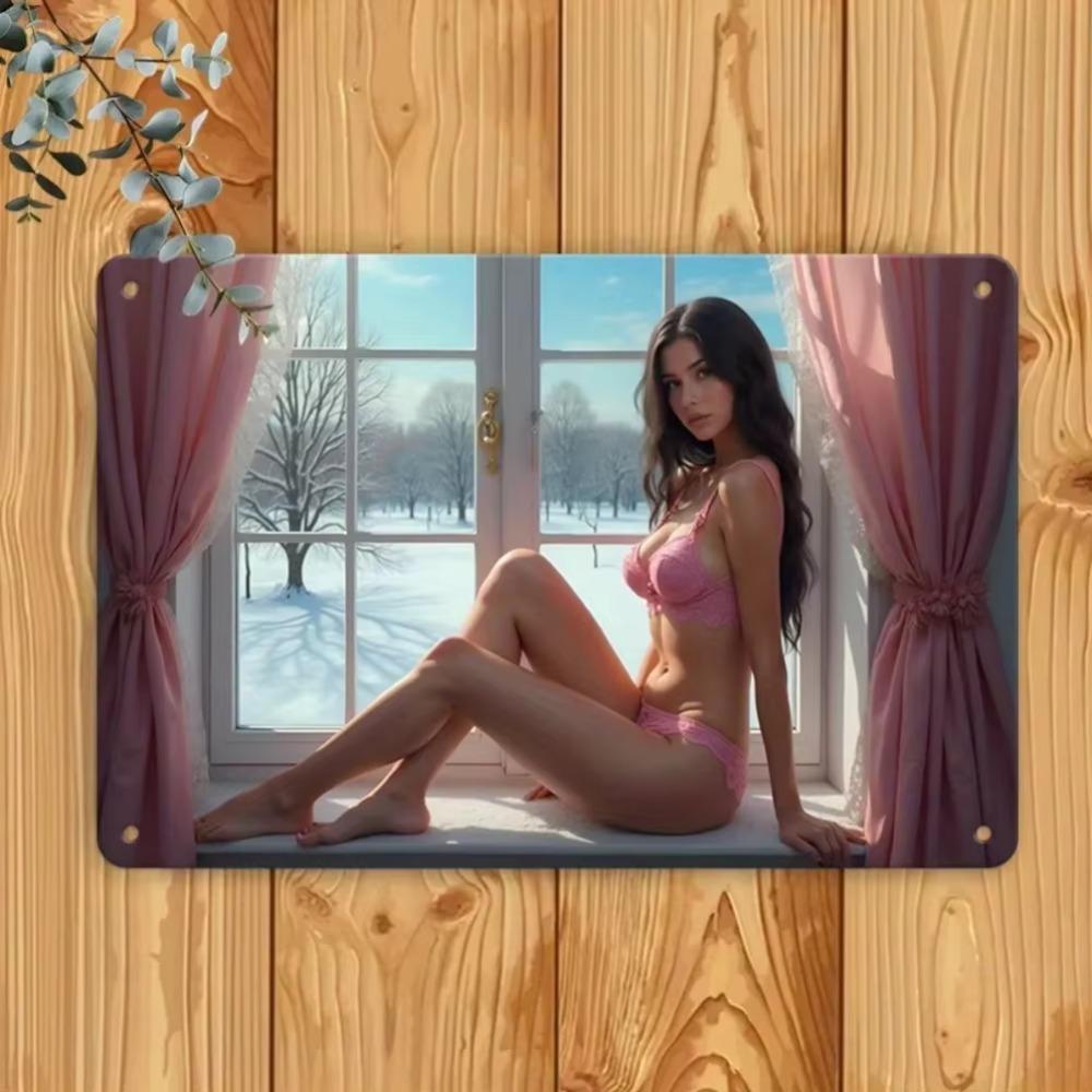 Vintage Iron Metal Wall Art Bikini Girl On Sill Waterproof Home Garden Decor