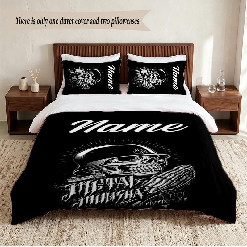 Motorcycle Skeleton Personalized Custom Name 3‑Piece Bedding Set Soft Duvet Cover Set For Bedroom Home Decor