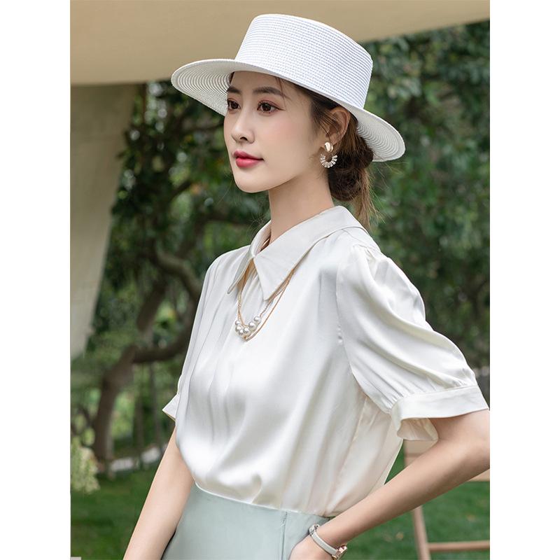 2025 Summer European Women's Silk Lapel Short Sleeve Solid Color T-Shirt