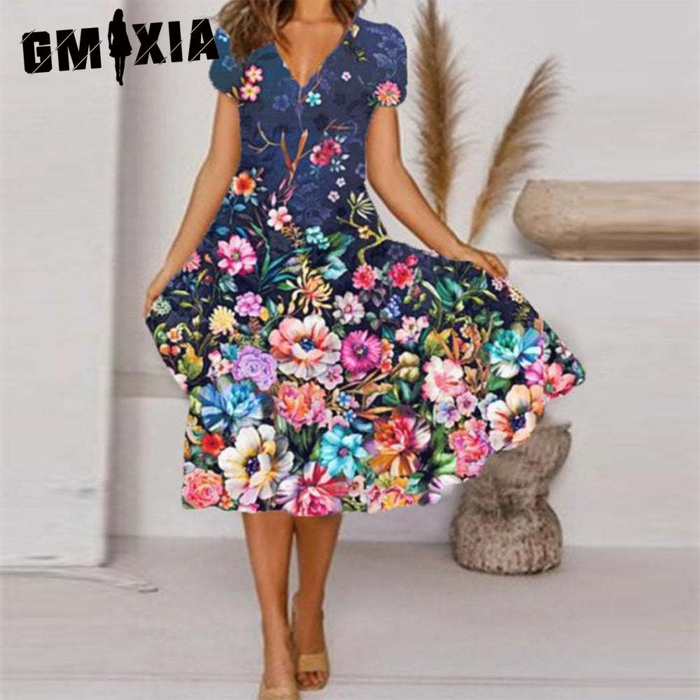 GMXIA Plus Size V Neck Midi Dress Short Sleeve High Hem Casual Colorful Floral Print Dress