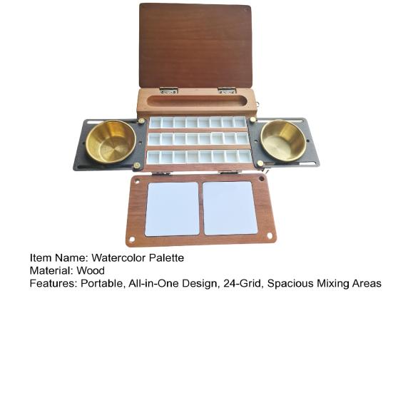 Yousheng 24-Grid Watercolor Palette Box, Travel Paint Palette with Brush Cup Holders, Two Mixing Areas, Wooden Portable Paintbox for Painting Outdoor