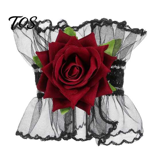 Elasticated Lace Hand Flowers Gothic Fingerless Glove, Elastic Short Sleeve, Wine Red Rose Bracelets Flower Wrist Cuff for Women Girls, Wedding,