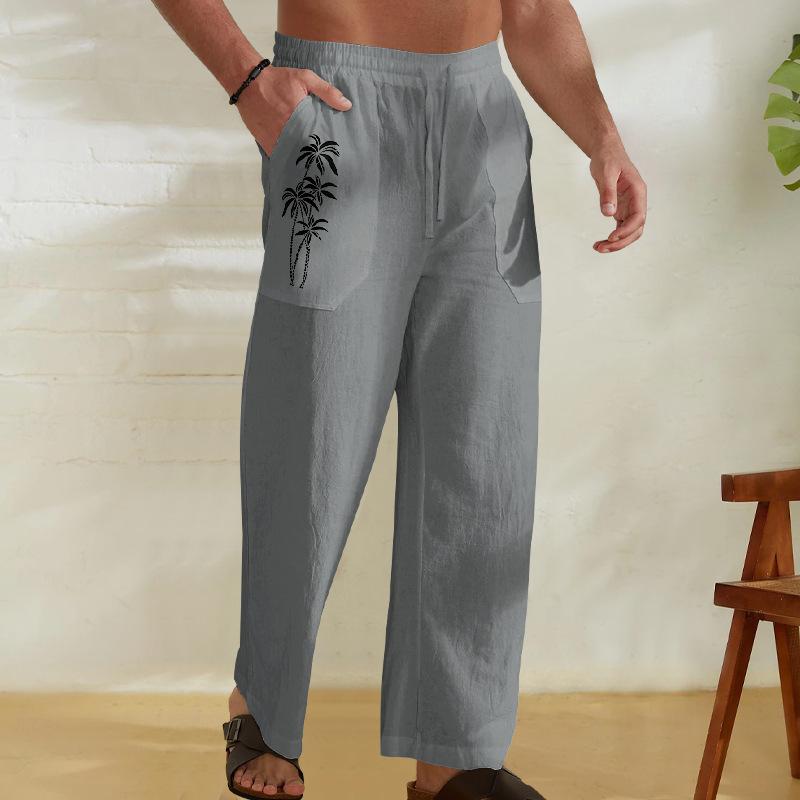 Men's Cotton Linen Thin Section Casual Trousers Straight Loose Printed Trousers Men's Summer Models