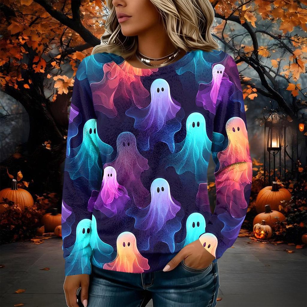 Women's Flannel Long Sleeve Top with Halloween Print Neck Pullover Shirt
