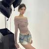 2KWEIRD  Long Sleeve T-shirts Women Autumn Slash Neck Sexy Slim-fit Pleated Hot Girls All-match Off Shoulder Sweet Backless Soft Solid