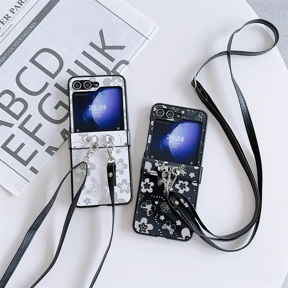 Butterfly Flower PU Leather Crossbody Lanyard Phone Case for Samsung Galaxy Z Flip 6 5 4 3 5G Hinge Protection Shockproof Cover