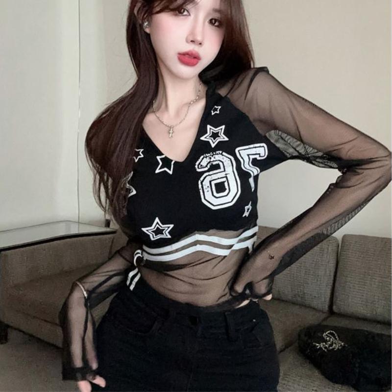 Women Mesh Transparent T-shirts Black Sexy Girls Y2K Tees Long Sleeve Deep V Fashion Lady Club Party Wear