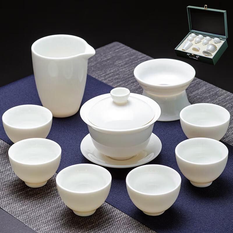 HANDUNYOU Glazed White Ceramic Gaiwan & Teacup 10-Piece Gift Set