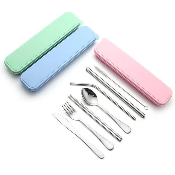 Stainless Steel Flatware Portable Cutlery For Outdoor Travel Picnic Dinnerware Set Metal Straw With Box And Bag Kitchen Utensil FMT2155