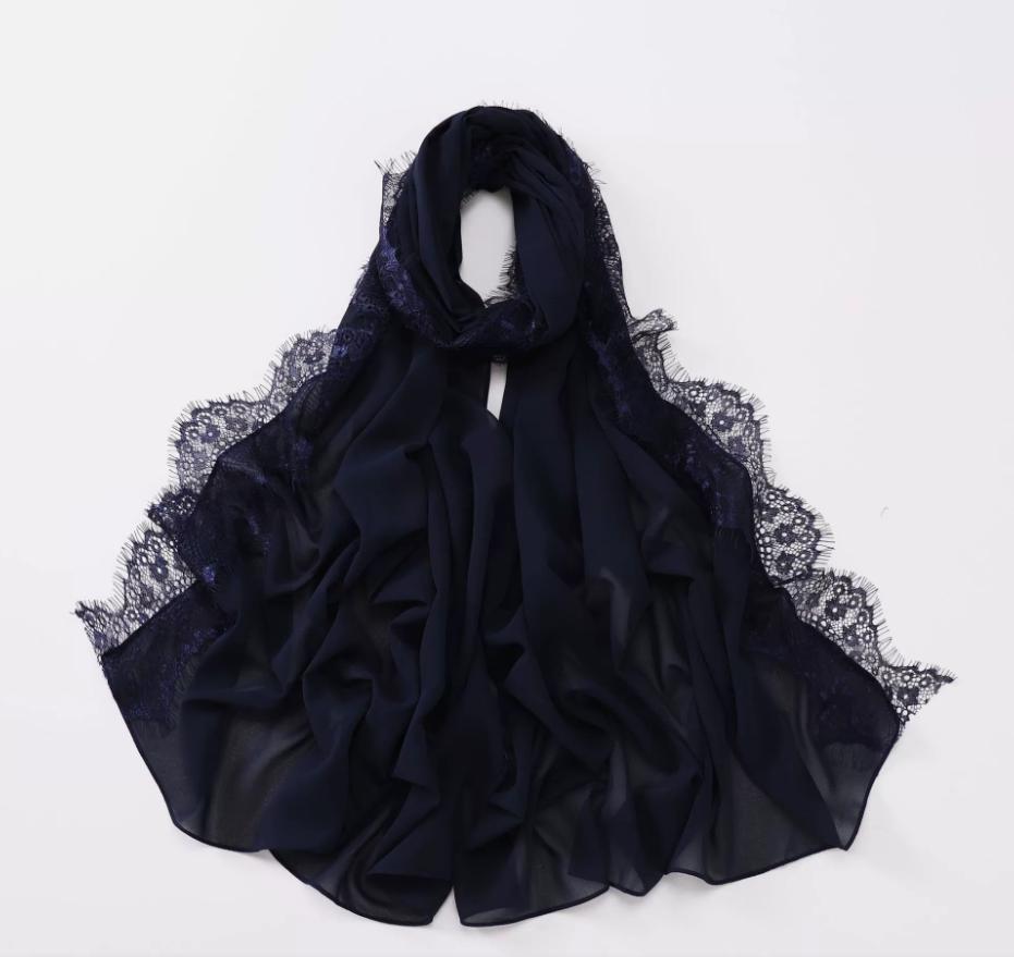 New Muslim Chiffon Hijab With Lace Muslim Scarf Long Shawls Solid Headscarf Wraps Embroidered Lace Muslim Turban Femme Hijab