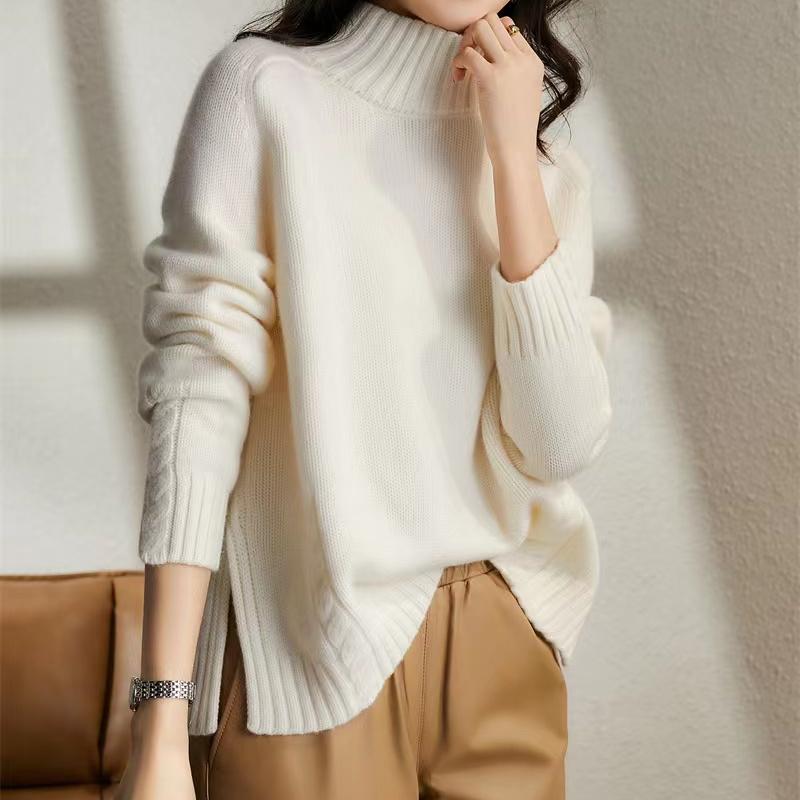 Korean Fashion Herbst Winter Frauen Casual Lose Pullover Halb Hohen Kragen Blau Beige Grün Gestrickte Pullover