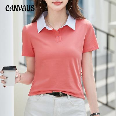 Maglietta estiva da donna con risvolto e colori contrastanti, polo a maniche corte
