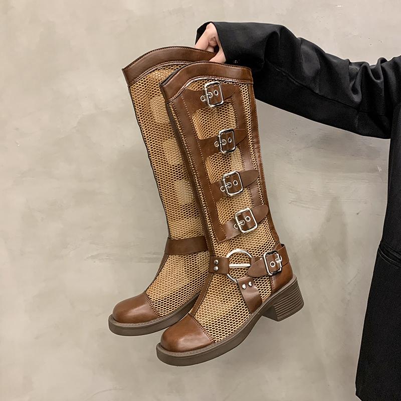 Women's Cool Boots Summer New Round Head Patchwork Mesh Rivets Metal Buckle Back Zipper Soft Soled Mid-heel Shoes