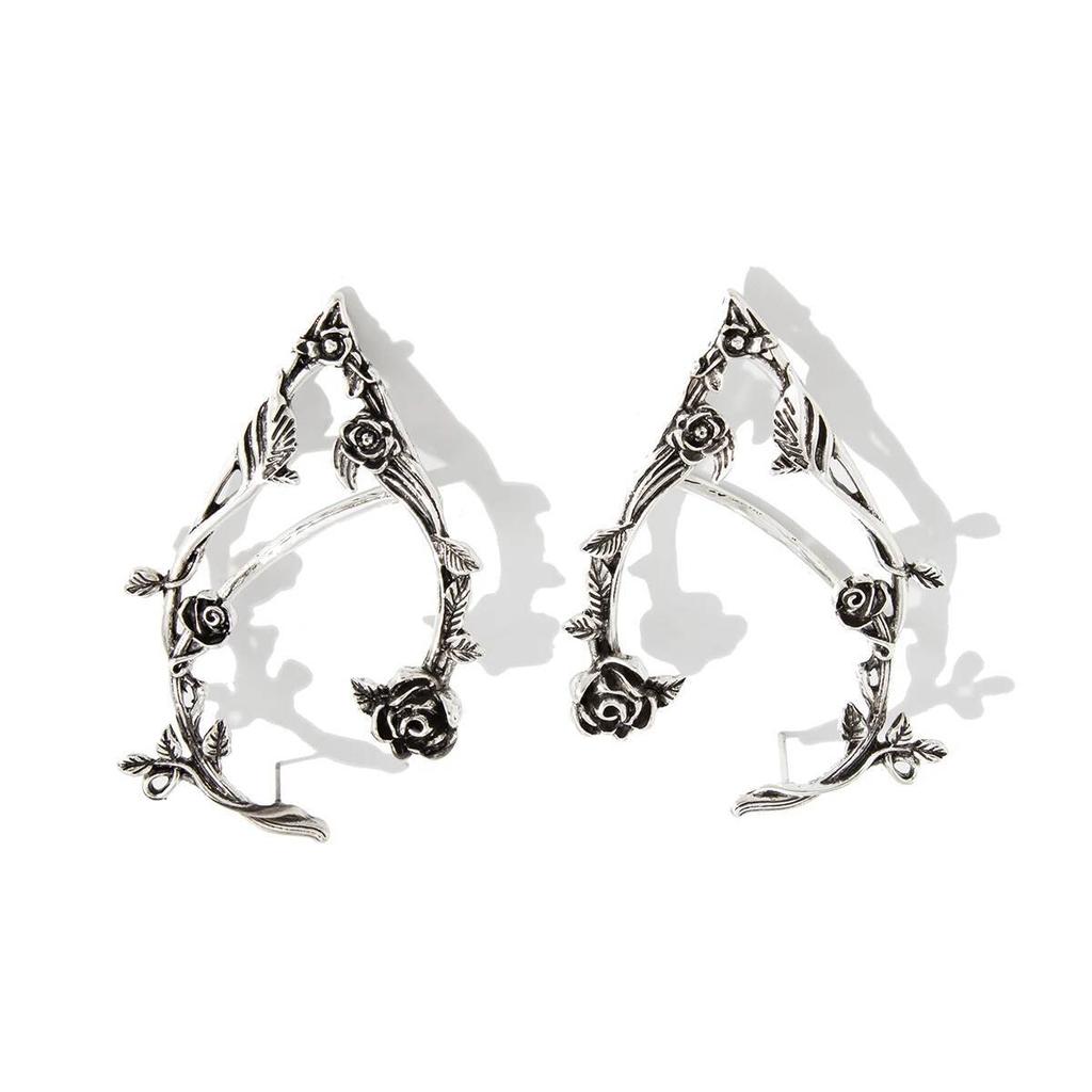 KunJoe 1 Pair Vintage Rose Flower Elf Ear Clip for Women Goth Fairy Ear Cuff Piercing Earrings Halloween Jewelry Ear Decoration