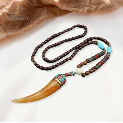 Collar con colgante de estilo étnico Vintage con cuentas de madera hecho a mano para mujer, collar de suéter, joyería, regalo, accesorios de moda