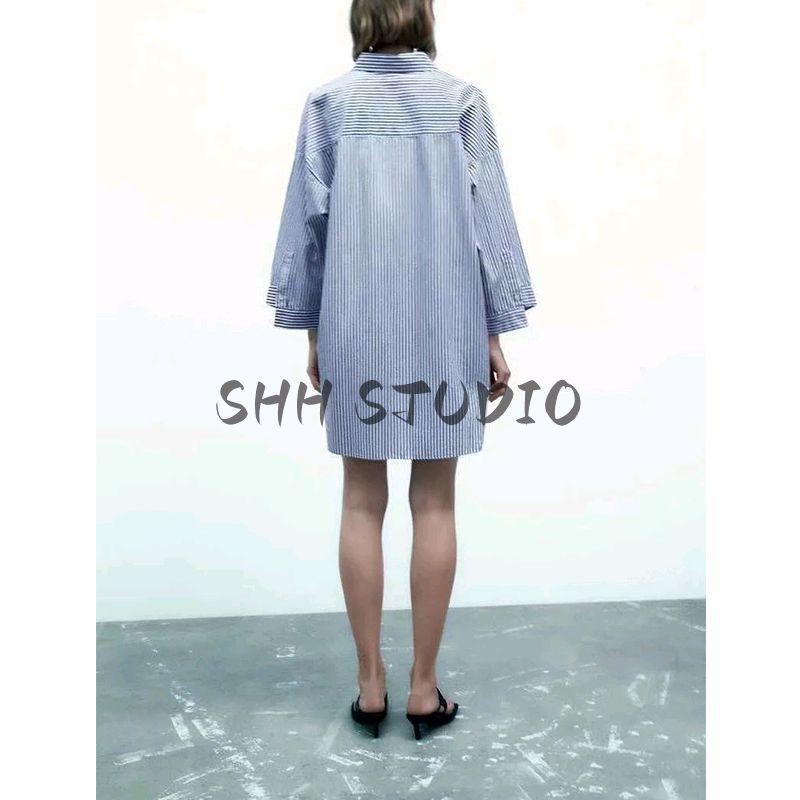 Spring New Women's Clothing French Style Design Single Striped Style with Pockets Lapel Long Sleeves Loose Shirt 5216040