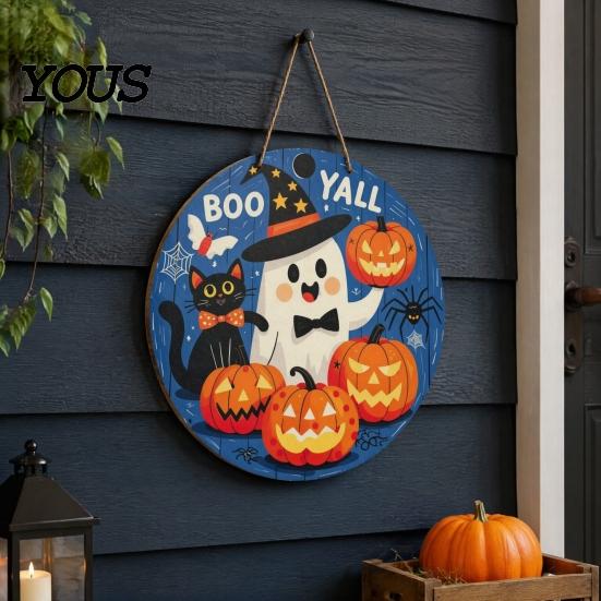 Seasonal Window Display Sign Halloween Boo Wood Door Hanger with Cute Ghost Black Hat Pumpkin Print, Front Creative Holiday Party Decor Porch