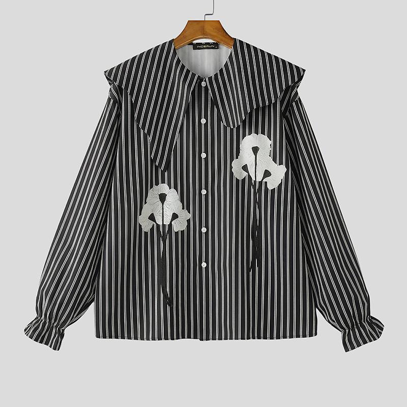 

INCERUN Oversized Men Doll Collar Long Sleeve Striped Print Casual Shirts Loose Tops S чёрный