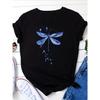 Women's Casual T-Shirt Short Sleeve Dragonfly Print Round Neck Stretch T-Shirt Women Clothing Fashion Vintage Clothes Y2k Top