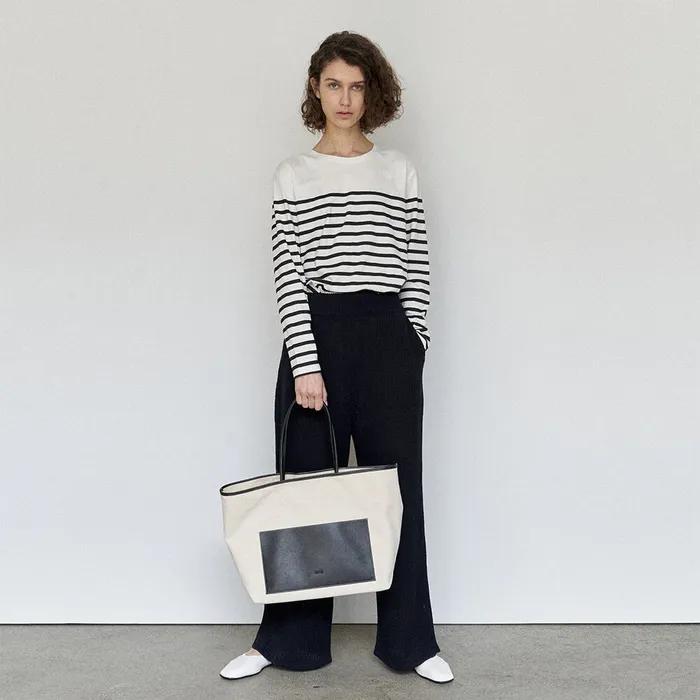 Leather Strap Canvas Bag - Black