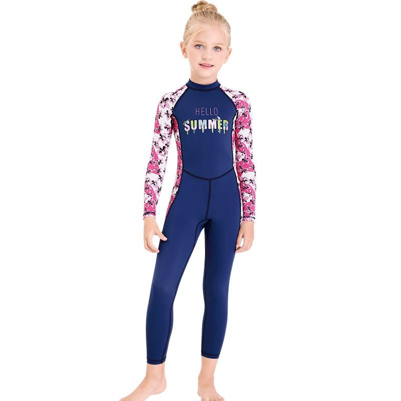 

Girls swimsuit Children s One-piece Long-sleeved Swimsuit Baby Sunscreen Middle Student Quick-drying Diving Suit L