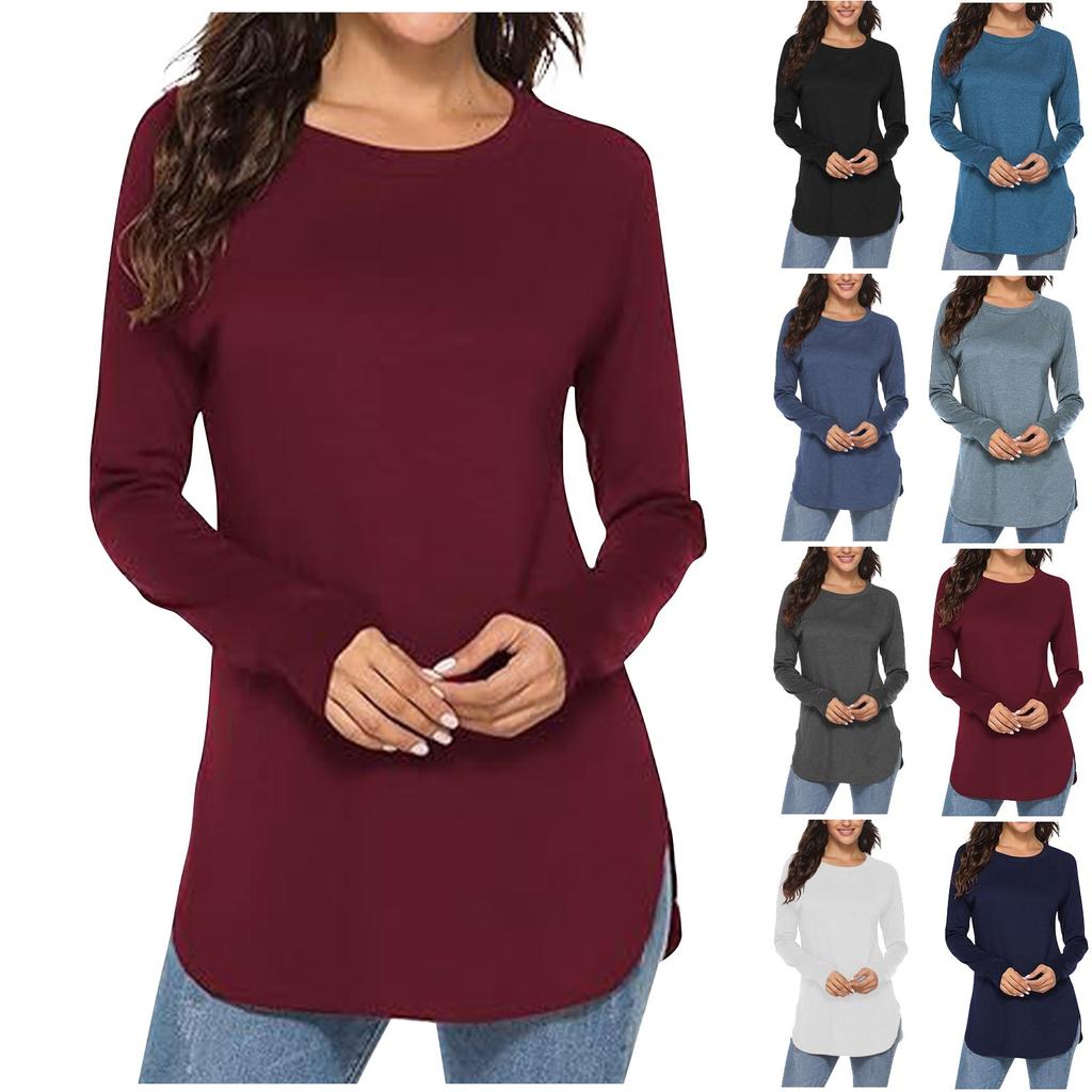 Women's Fashion Long Sleeve T-shirt Round Neck Basic Loose Waist Top