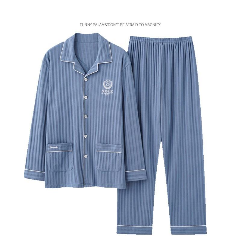

Men s Spring and Autumn New Long-sleeved Korean Version of Home Clothes Solid Color Leisure Printed Cotton Sense Pajamas Set L