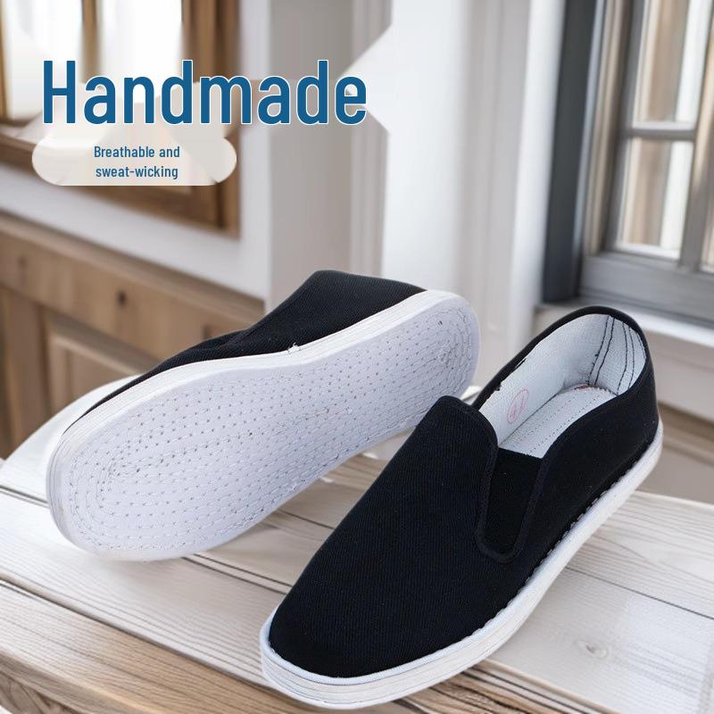 Men's Lightweight Black Cloth Slip-On Shoes with Breathable Hemp Rope Sole
