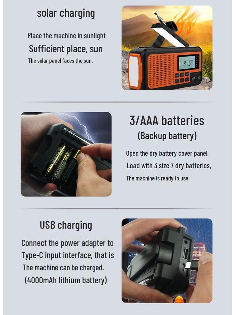 Multifunctional Solar Hand-Cranked Emergency Radio with Flashlight and Power Bank