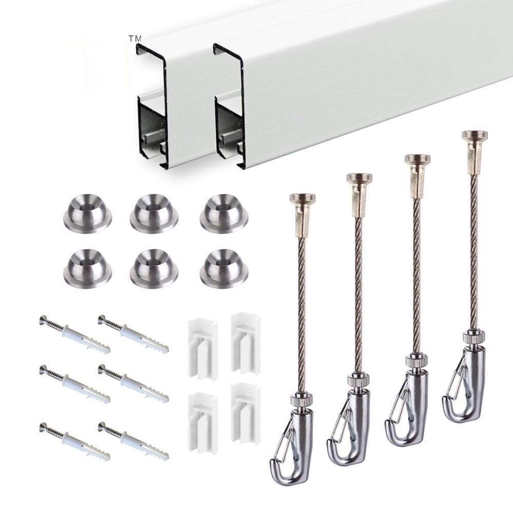 Picture Hanging Systems Studio Exhibition Hall Wall-mounted Rail Kit(2 White Rails 4 Stainless steel Cables 4 Hooks)