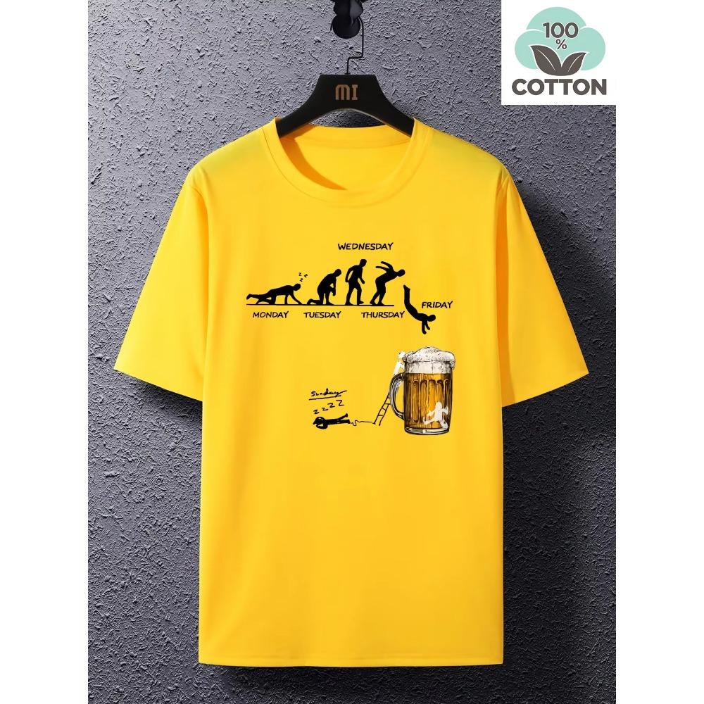 Men's Summer 100 Cotton Fashionable Casual Loose Large Fun Beer Pattern Printed Sports Round Neck Short Sleeve T-shirt Top
