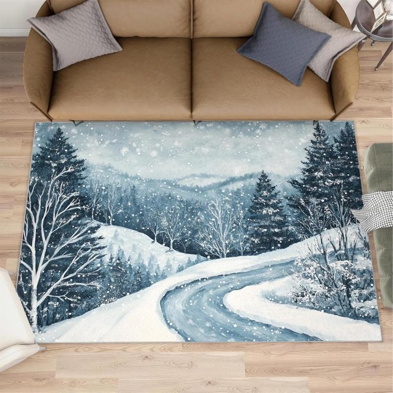 Winter Snow Mountain Cabin Area Rug Snowy Forest Landscape Print Soft Floor Mat Scenery Carpet for Living Room Bedroom